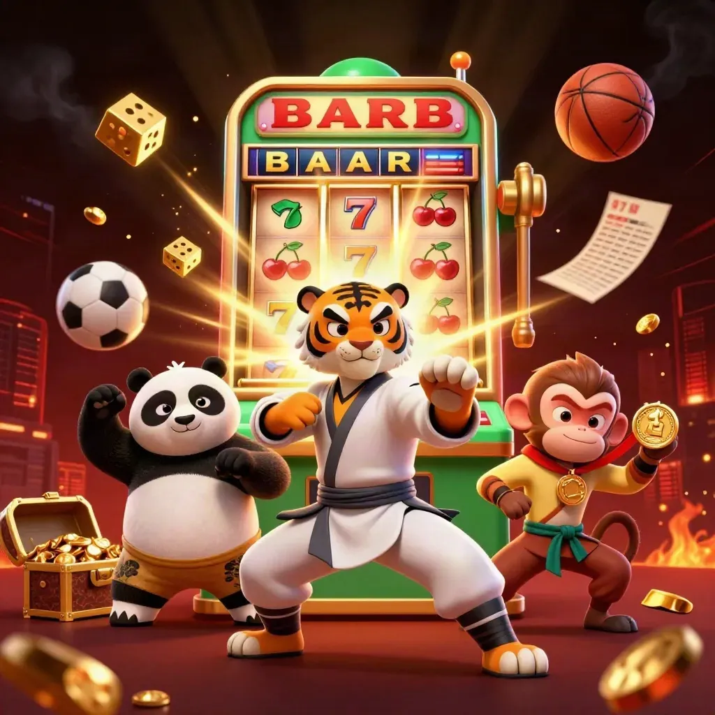 Tiger, panda and monkey amid jackpot burst, balls, dice and gold in a neon casino scene.