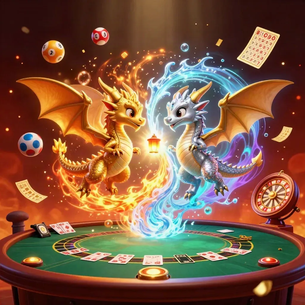 Twin gold and silver dragons clash in a glowing casino fantasy scene with flying game symbols.