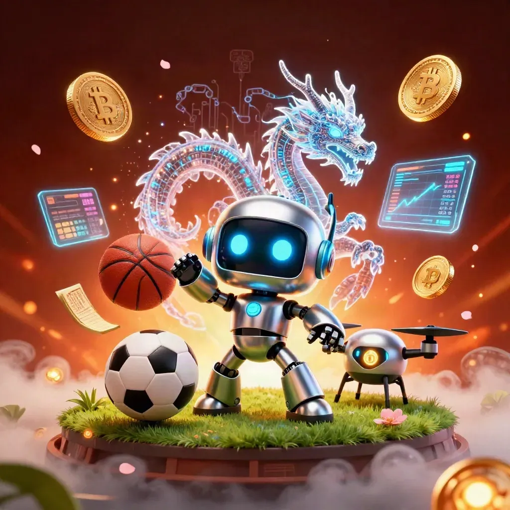 Cyberpunk robot, AI dragon and drone amid coins, balls, lightning and ember-lit casino energy.