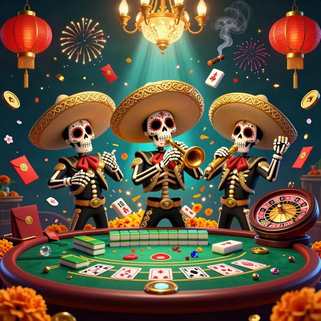 Mariachi skeleton trio in a luxe casino scene with glowing props and teal-blue drama.