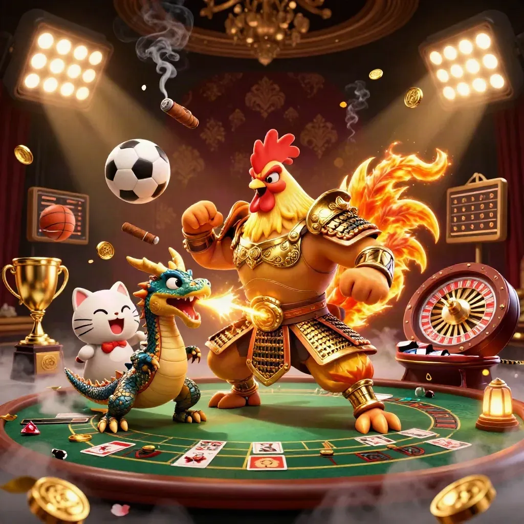 Rooster samurai, dragon hatchling, and fortune-cat in a luxe casino lounge with gold, fog, and motion.