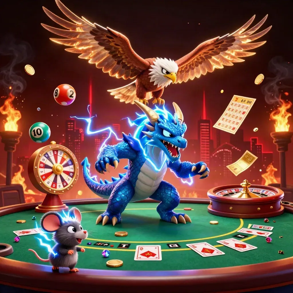 Thunder dragon, hawk, and mouse amid casino lights, lottery balls, wheel, and luxe felt.