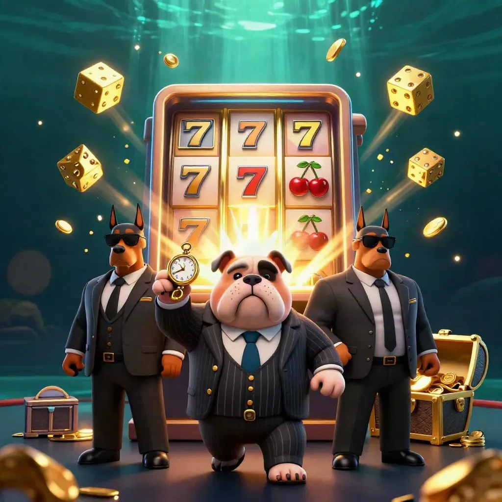 Bulldog boss and two Dobermans amid exploding slot machine, gold, and casino lights