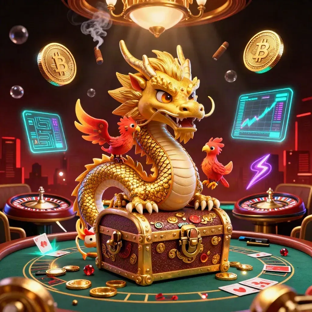 Dragon, phoenix, and koi amid casino glow, crypto coins, roulette wheel, and brass lounge