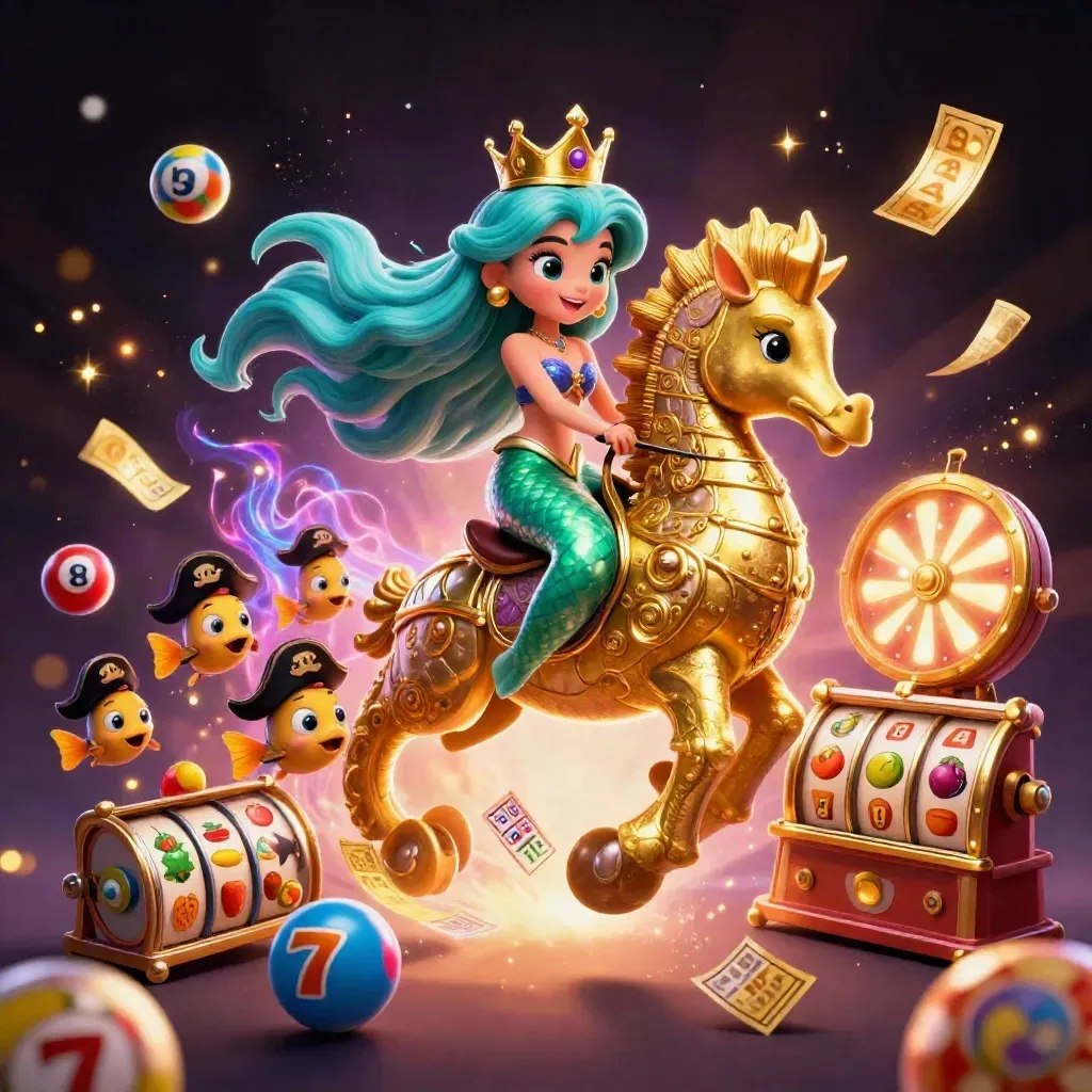 Mermaid princess on a gold-armored seahorse amid pirate fish, lottery balls and casino glow.