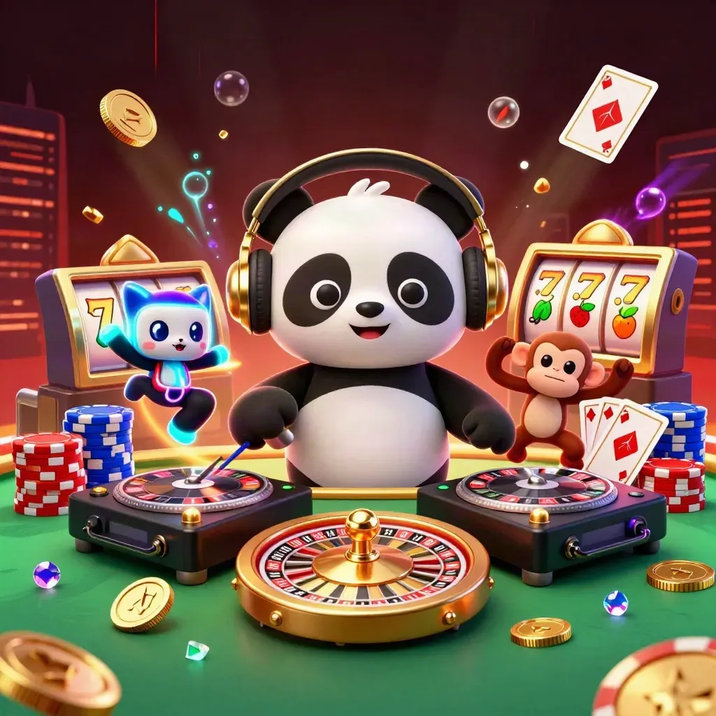 Panda DJ, dancing monkey and rave kitten amid gold coins, chips and neon casino effects
