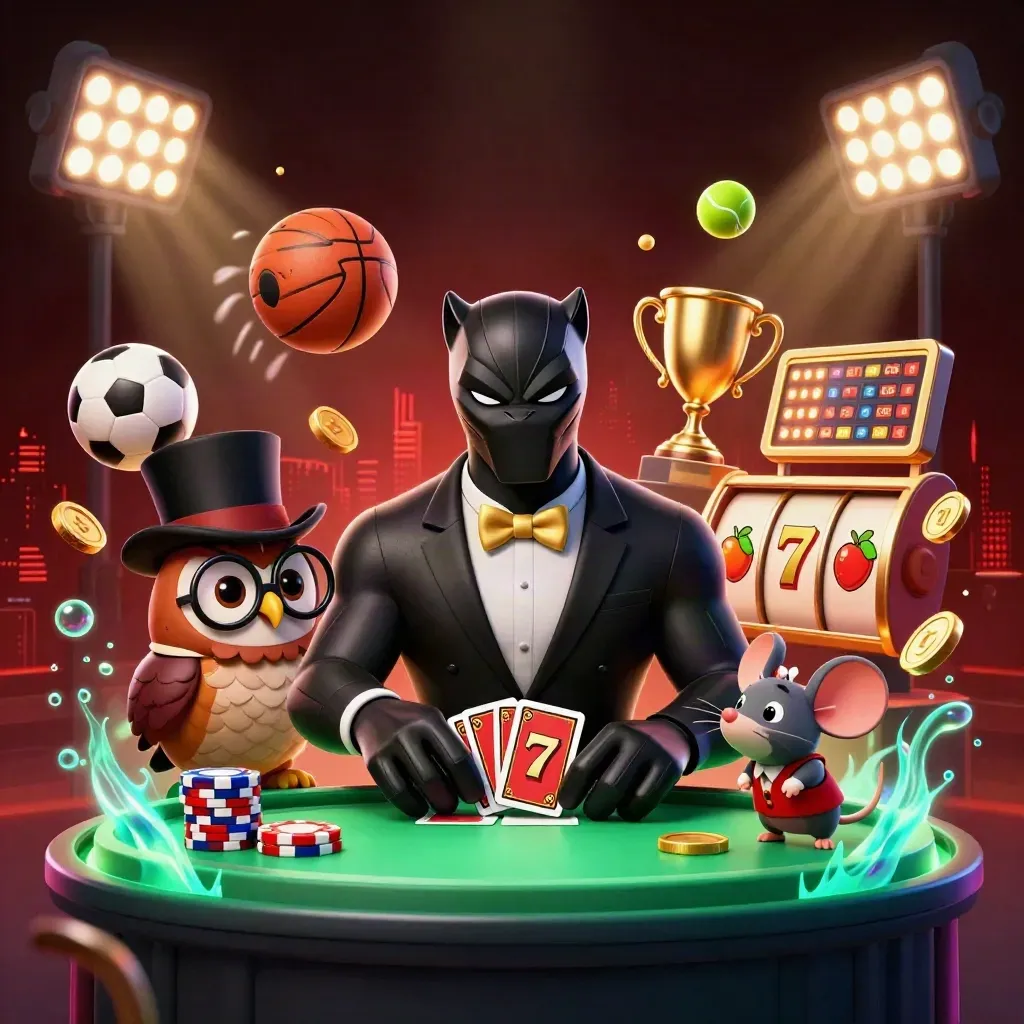 Panther, owl and mouse in casino glam surrounded by balls, chips, trophy, coins and glowing effects