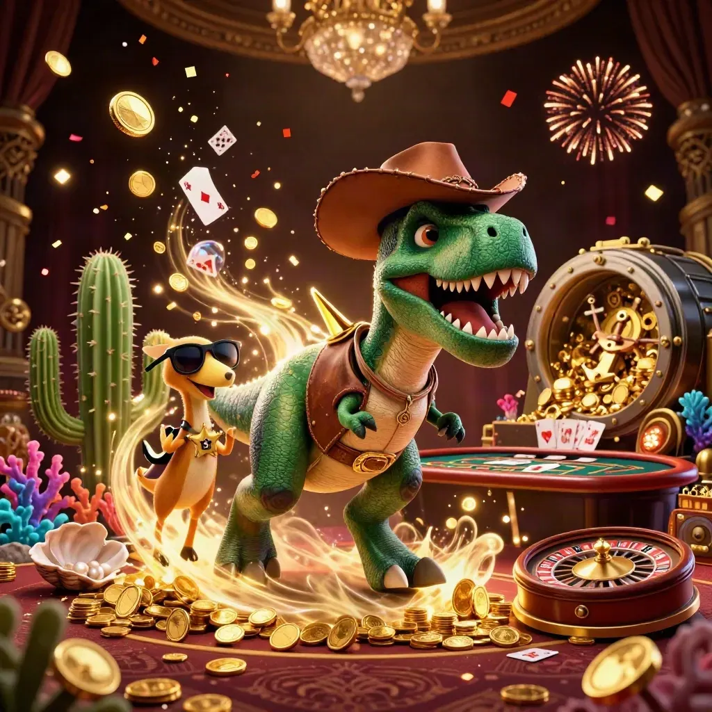 Cowboy T-Rex, cactus and roadrunner celebrate in a gold-coin casino treasure cove with cards and fireworks.