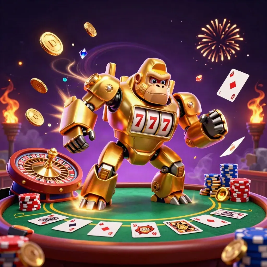 Golden gorilla mech with monkey pilot, coins, chips, cards, roulette wheel, and blackjack table exploding in a dark casino scene.