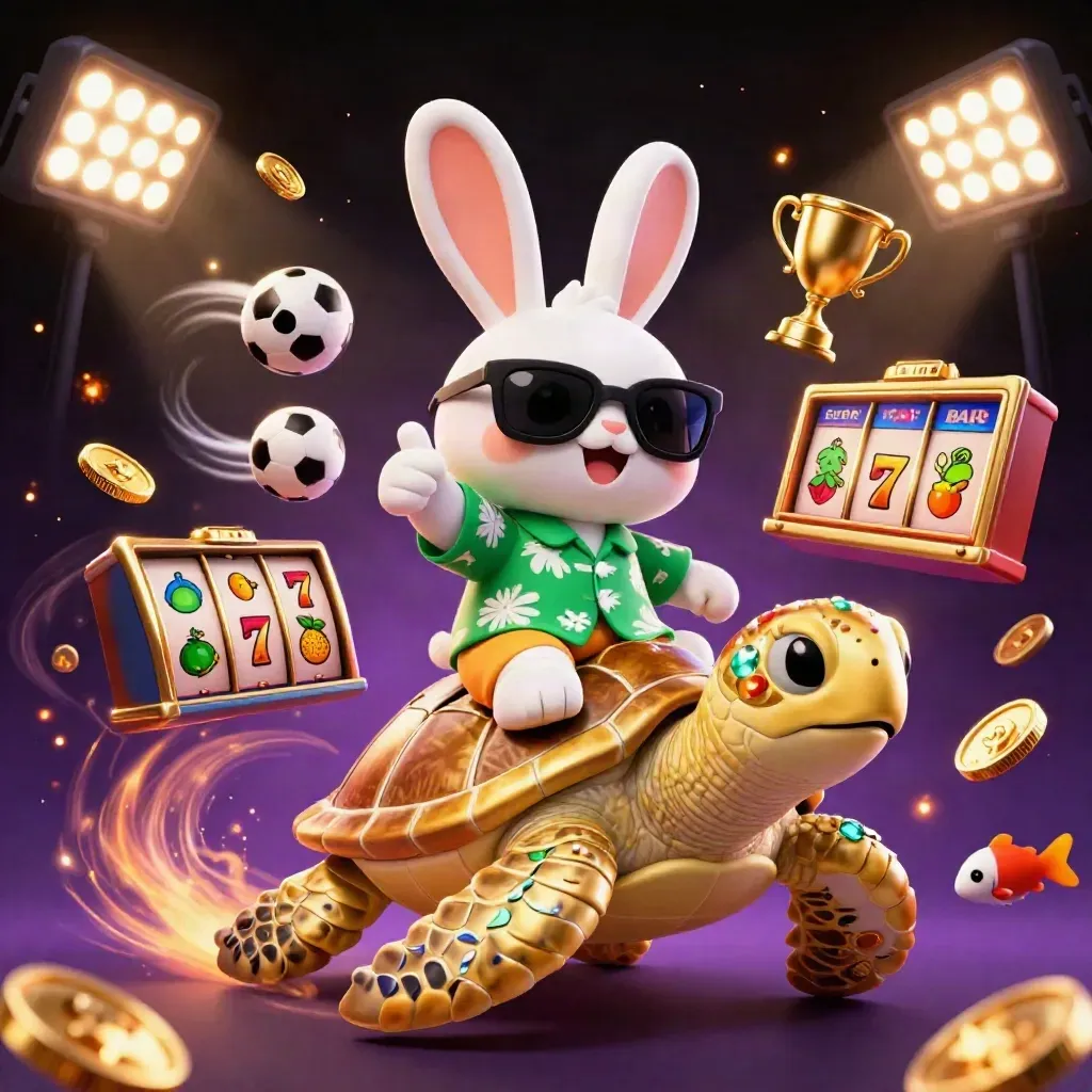 Lucky rabbit rides a golden turtle through casino lights, coins, reels, and flying sports balls.