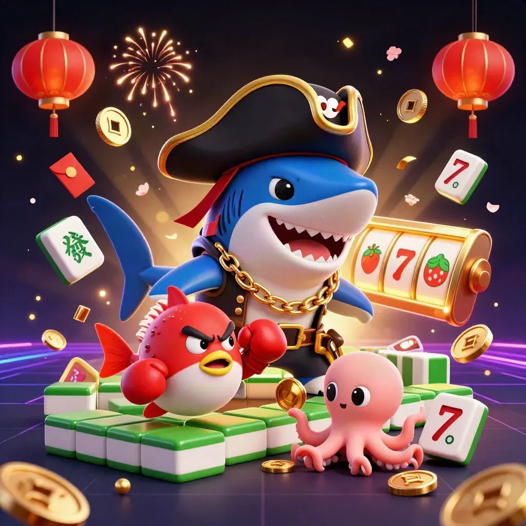 Pirate shark, boxing pufferfish, and juggling octopus amid casino symbols and neon glow