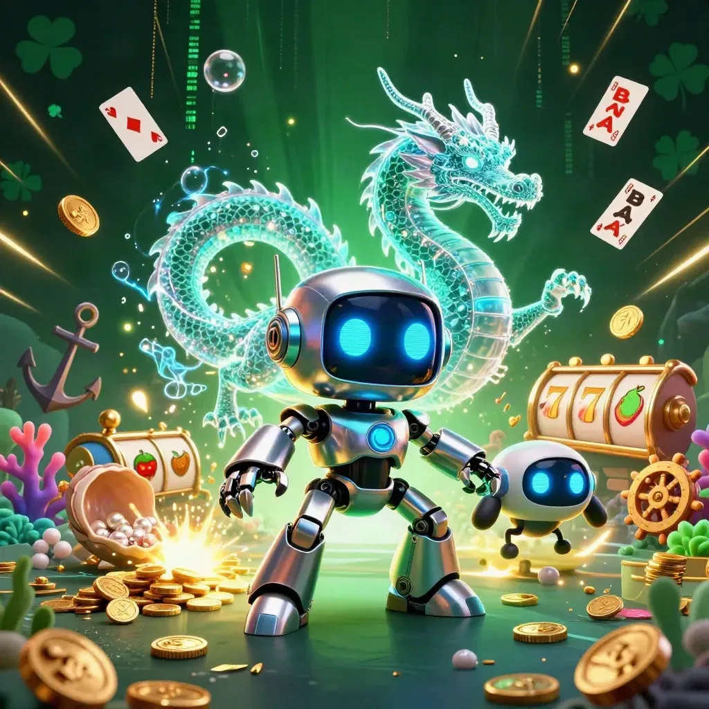 Cyberpunk robot, holographic dragon, and coin drone over gold coins in a neon casino cove