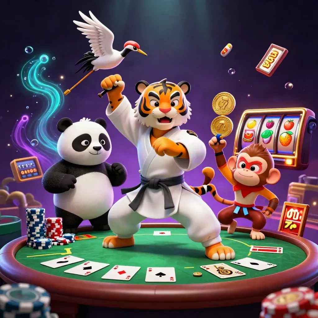 Tiger, panda, and monkey in a blackjack battle with chips, cards, reels, and neon glow.