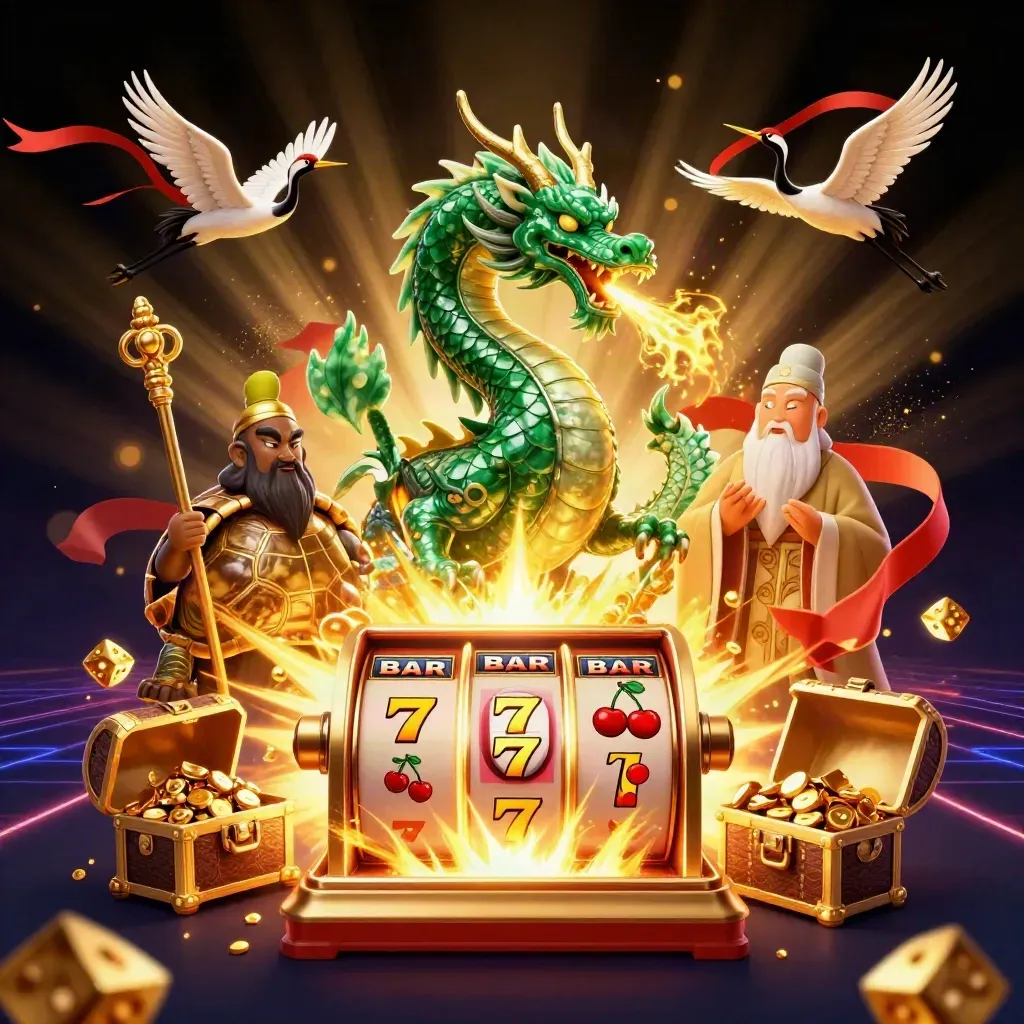 Emerald dragon, turtle sage, and cranes amid exploding casino symbols and gold